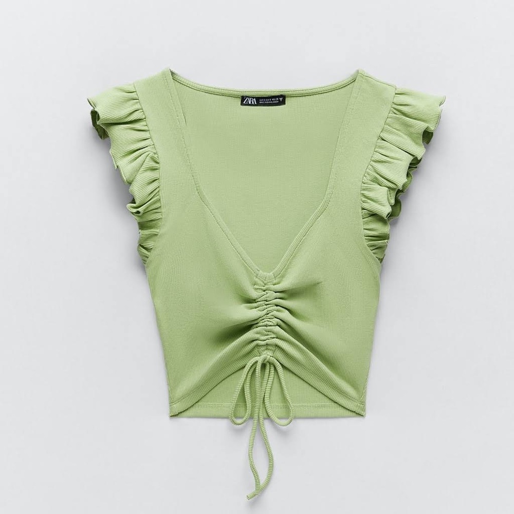 ZARA - Green Ruffle Crop Top w Adjustable Tie - Size Medium